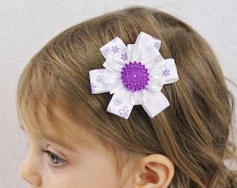 Purple and White Hair Bow - Small Hair Bow Lavender Flowers - Baby Hair Bow Purple White