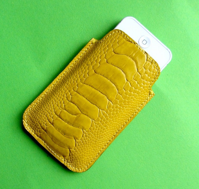 iPhone 4 / 4s  case  / iPod Touch / Droid cell phone case in yellow genuine ostrich (leg) leather and green suede lining
