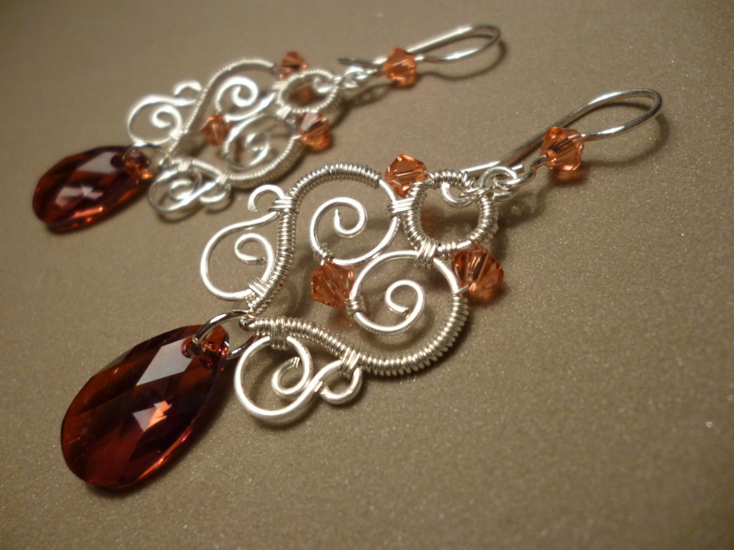 Swarovsky red sweetheart earrings - wire wrapped jewelry - Juditta