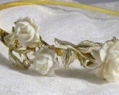 White Rose Fantasy - Vintage White Rose and Gold Repurposed Headband