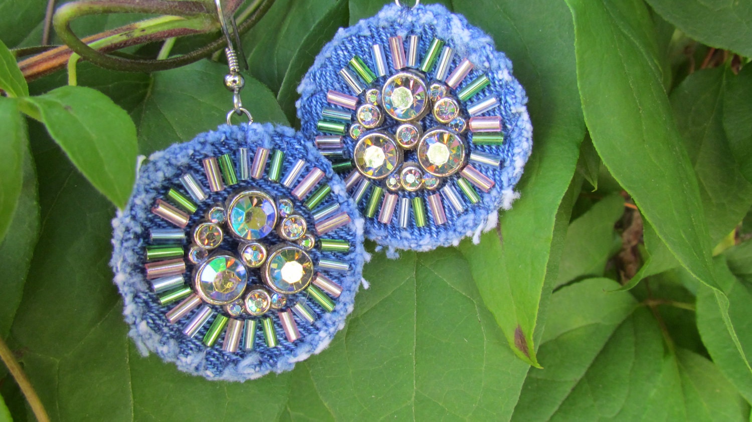 Earrings -Denim Dangle with Vintage Rhinestones and Hand-Beading- Recycled and Upcycled
