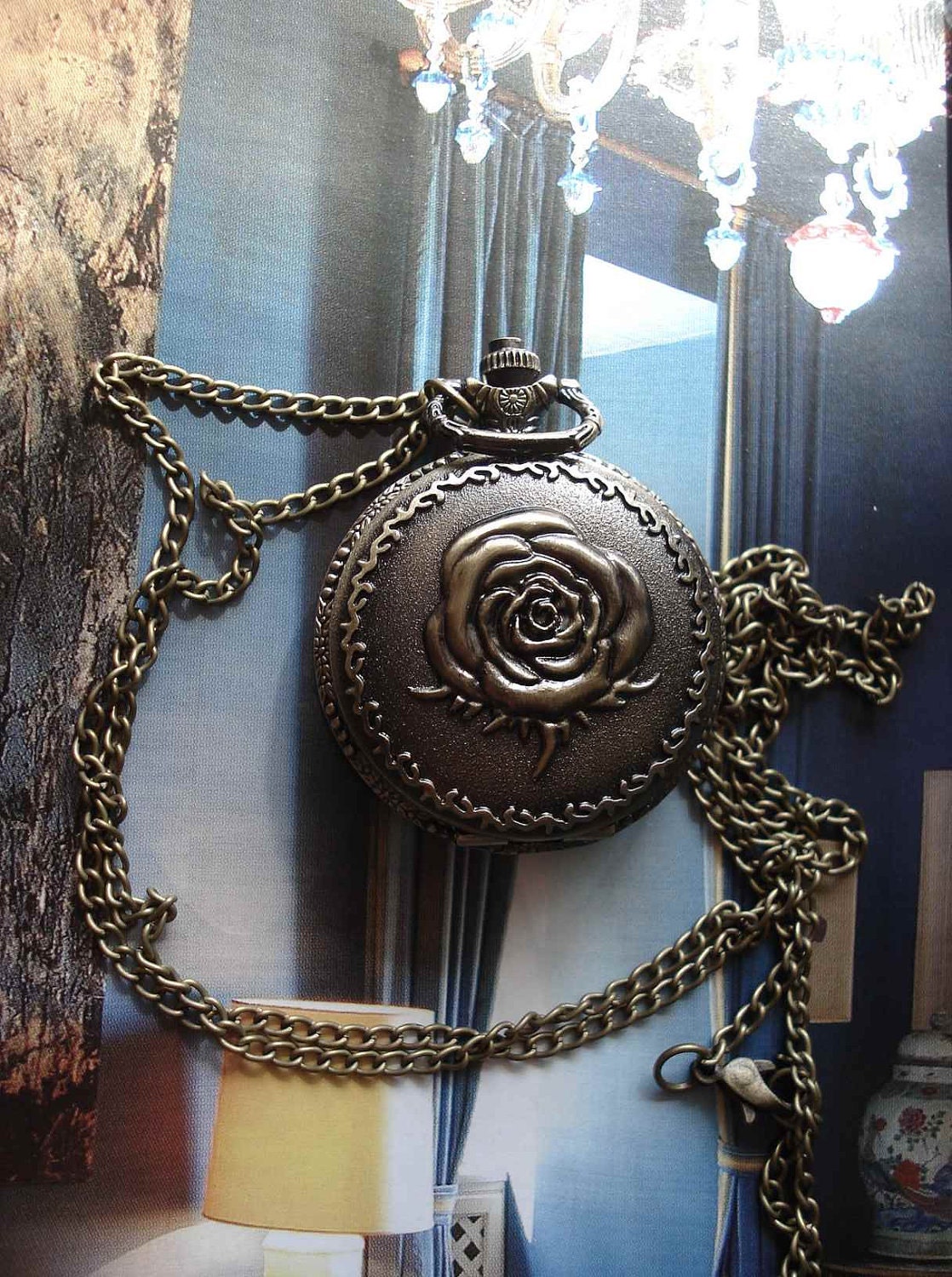 20% HOLIDAY SALE Rose Flower Bronze Pocket Watch Pendant Necklace Antique charm E119