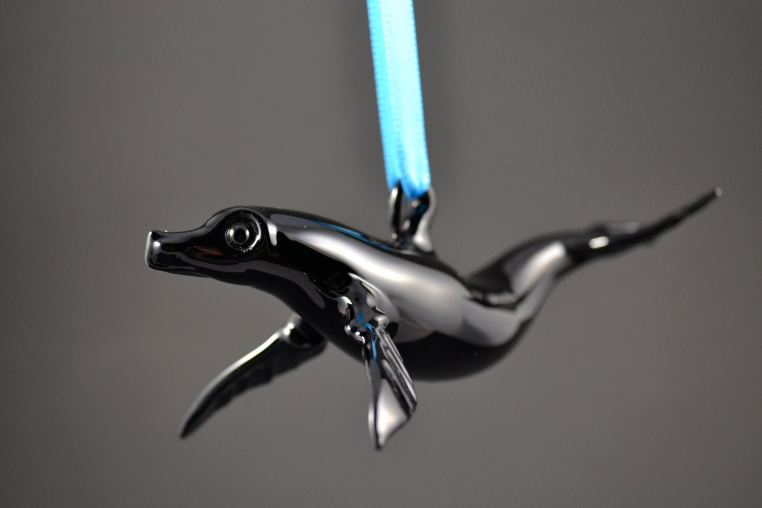 Hanging Glass Seal Ornament, Black Lampwork Sculpture