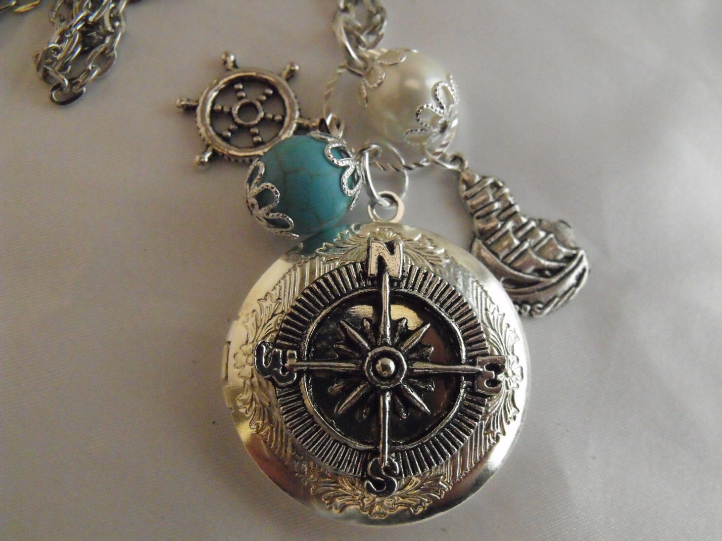 Steampunk Nautical Compass Locket Necklace Pearl Pirate Ship womens gift