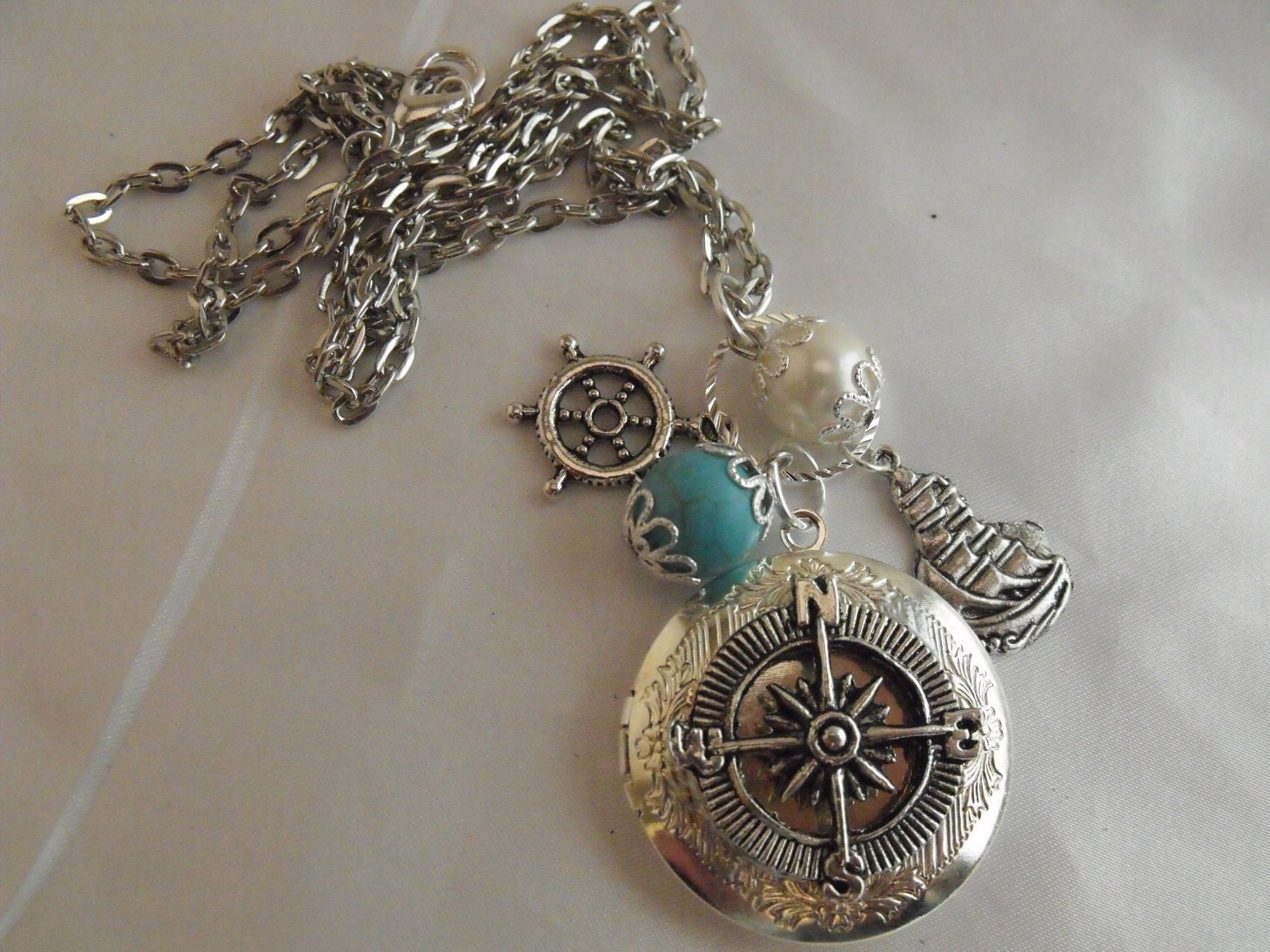 Steampunk Nautical Compass Locket Necklace Pearl Pirate Ship womens gift