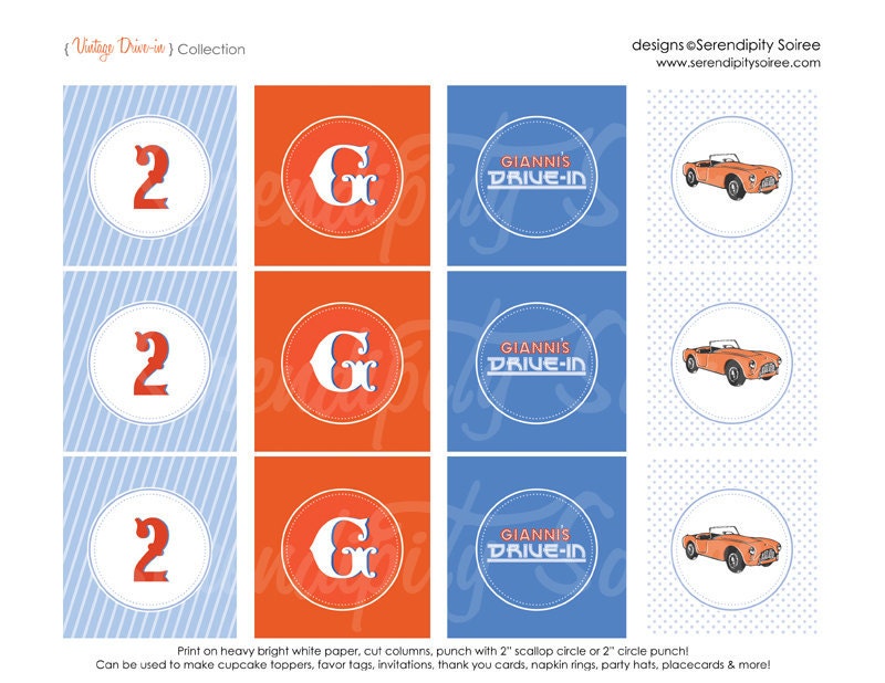 Vintage Drive-in Party - Custom Printable Party Circles/Cupcake Toppers - 50's & 60's Diner Il_570xn