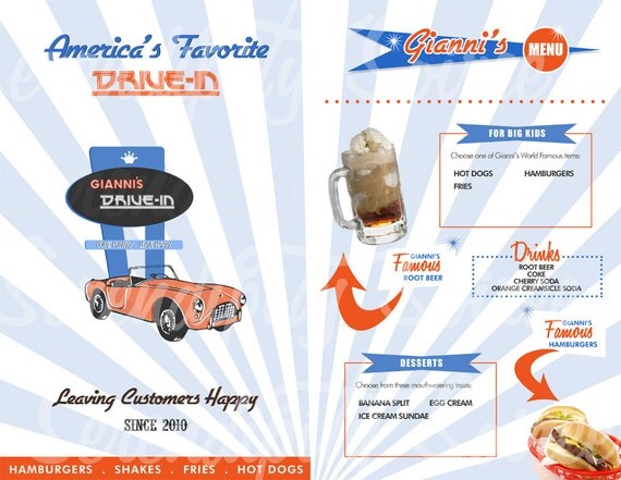 Vintage Drive-in Party - Custom Printable Table Menu/Placemat- 50's & 60's Diner Il_570xn