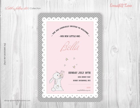 Custom printable invitation - (Catch a falling star - Bunny pink) Sip and See, First Birthday, Baby Shower , Easter Il_570xn