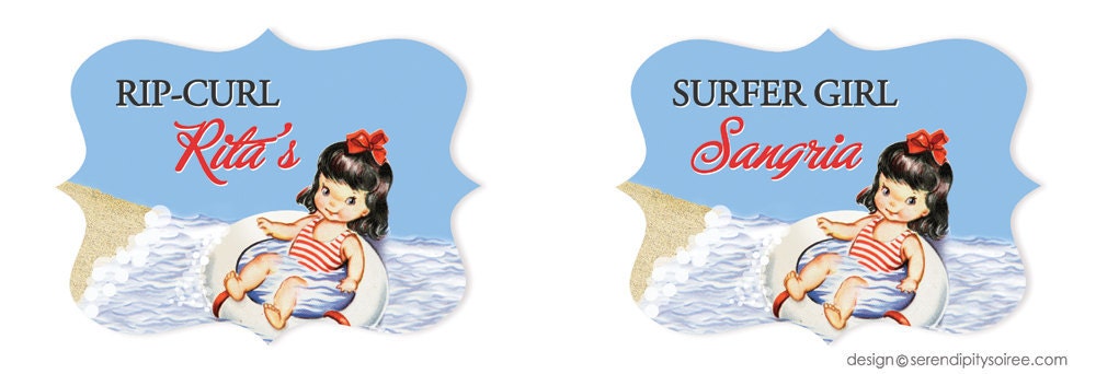 Vintage Beach Party - Custom Printable Large Food Labels- Beach Party, Swimming Party, Pool Party Il_570xn