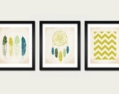 Native Set 3 Prints Feathers, Dreamcatcher and Chevron Art Prints 8x10 inch American Tribal