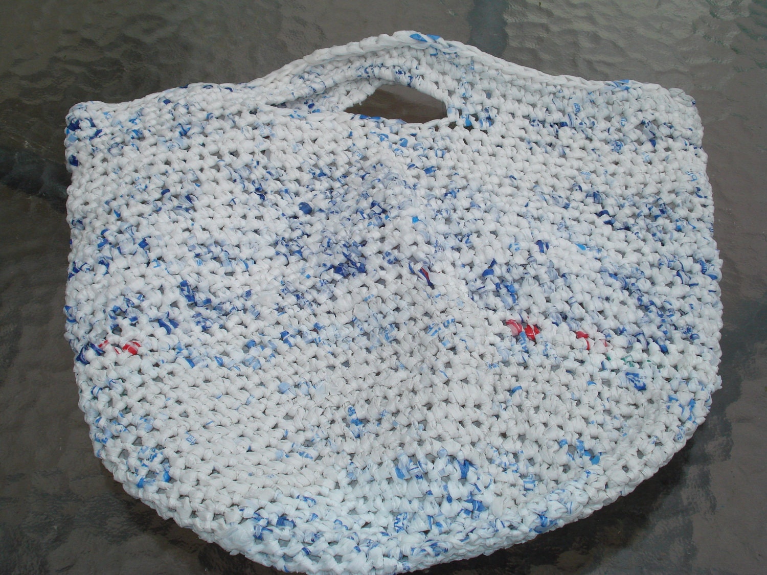 Crocheted market bag made from recycled plastic shopping bags eco-friendly