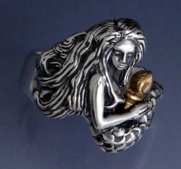 Mermaid and Shell Ring - Sterling and 14k