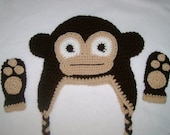 Chocolate Brown and Tan Monkey Hat and Mitten Set Available in Any Size