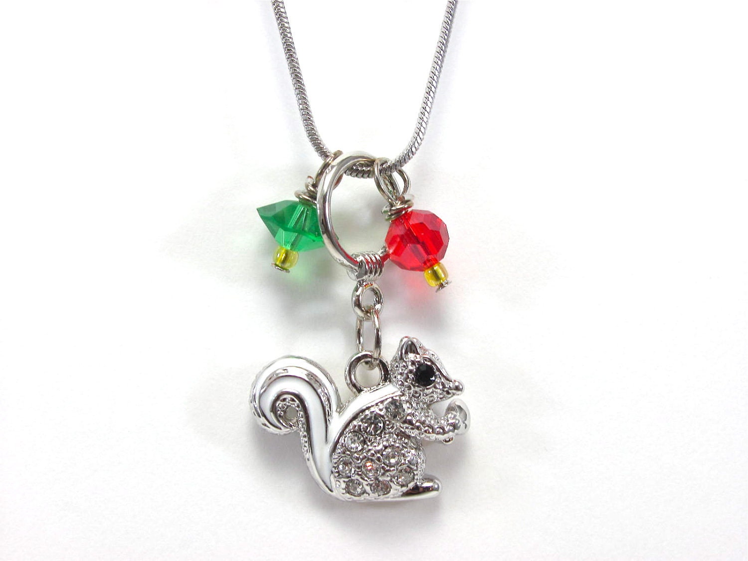 Squirrel Sorority Necklace - Crystal Squirrel Jewelry - Silver - Red - Green and Yellow - Woodland - Nature - Animal - Greek Big / Little