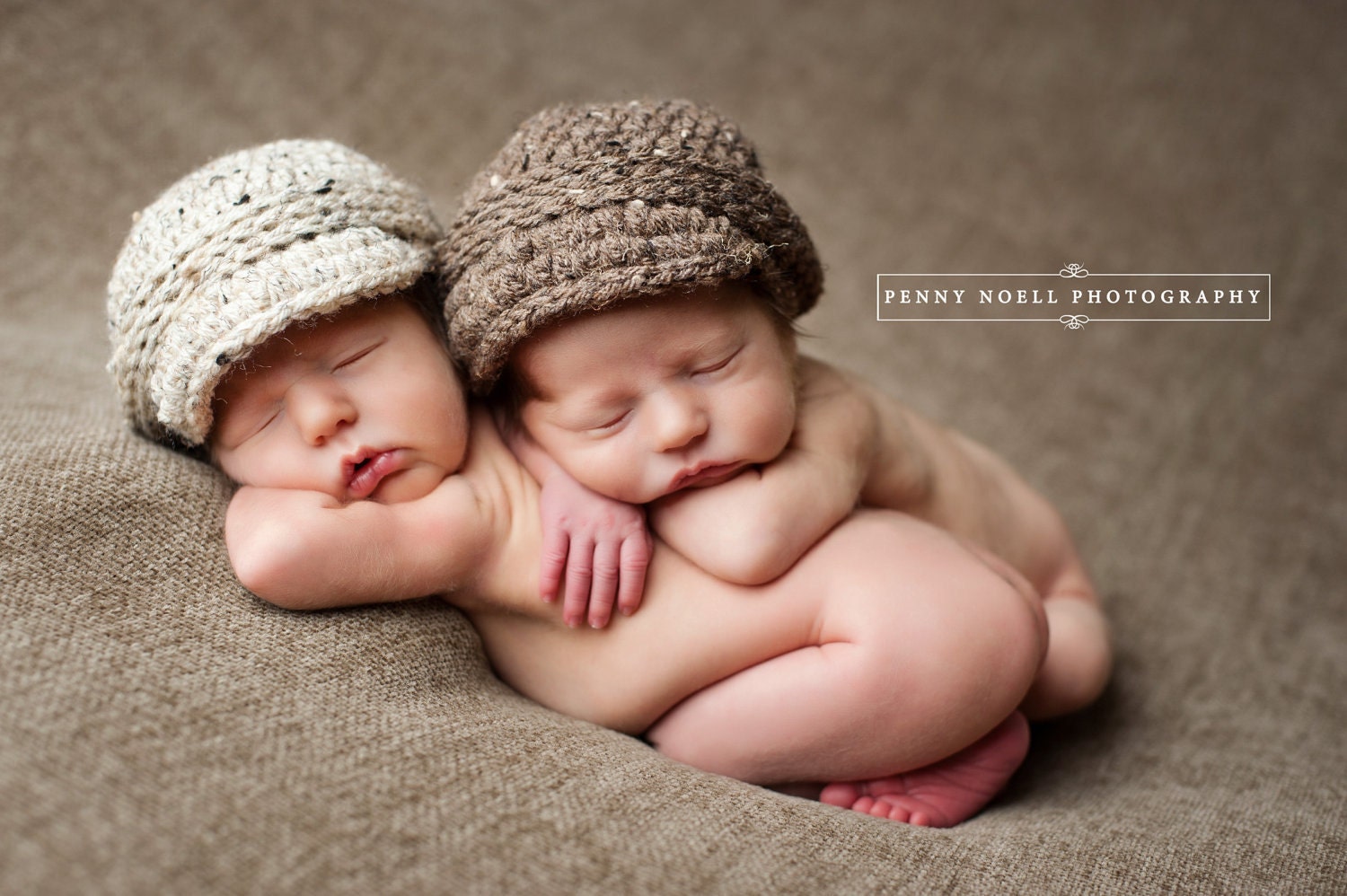 Twin newborn baby girl boy newsboy visor caps for spring photos --- oatmeal barley denim neutral colors