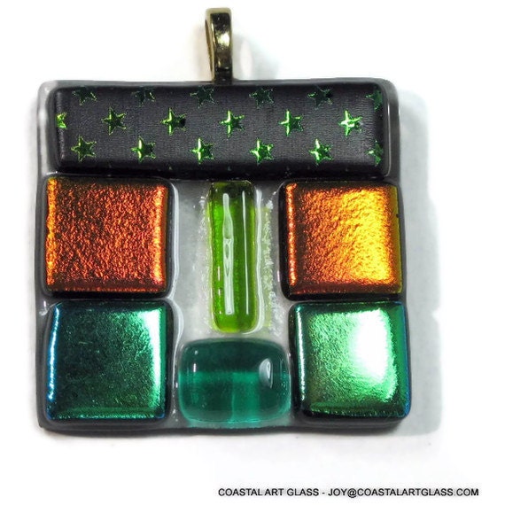Art Glass Pendant Fused Glass Green Orange Dichroic Squares