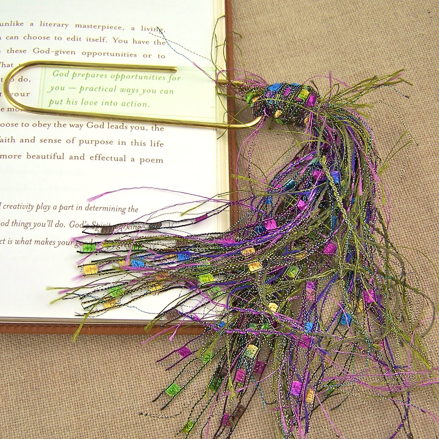 Bookmark -  BIG 4" Oversized Paperclip & Fancy Firefly Yarn Fiber Puff Tassel - Gold Green Purple Metallic and Fuzzy Novelty