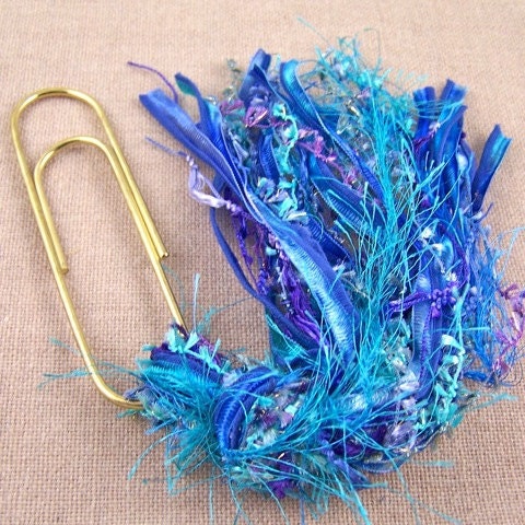 Bookmark -  BIG 4" Oversized Paperclip and Fancy Yarn Fiber Puff Tassel - Blue, Teal & Purple Watercolor