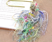 Bookmark -  BIG 4" Oversized Paperclip and Fancy Yarn Fiber Puff Tassel - Lavender, Teal, Lime Green Watercolor