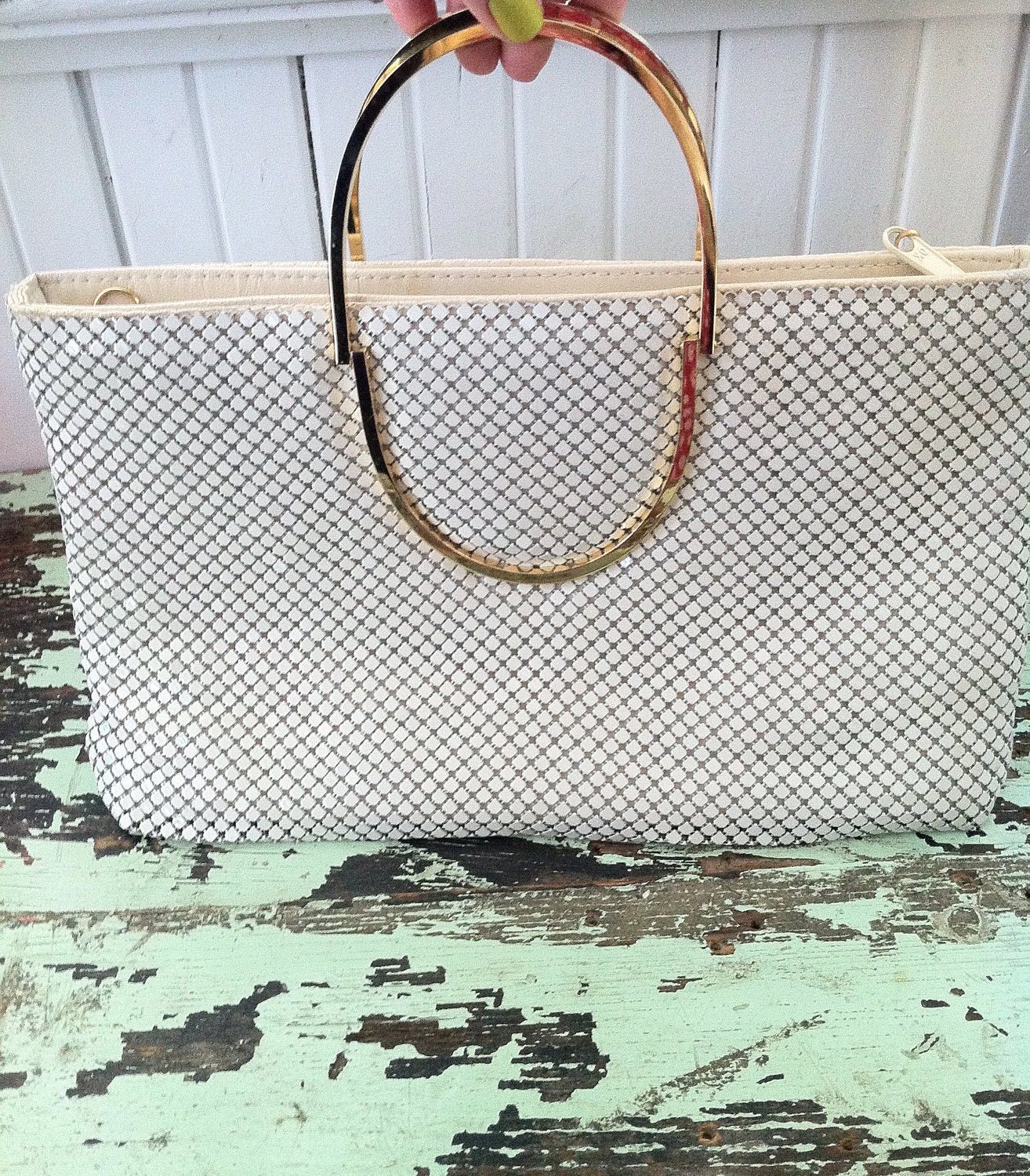 S a l e Mesh Handbag Cream Colored with Gold Handles fold into CLUTCH Bags by Marlo