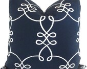Navy Blue and White Embroidered Celtic Knots Pillow Cover 18x18, 20x20,14x20