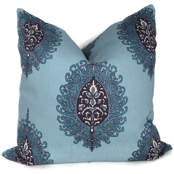 SALE PILLOW Duralee Aqua Medallion Decorative Pillow Cover  20x20 Toss Pillow, Throw Pillow, Accent Pillow