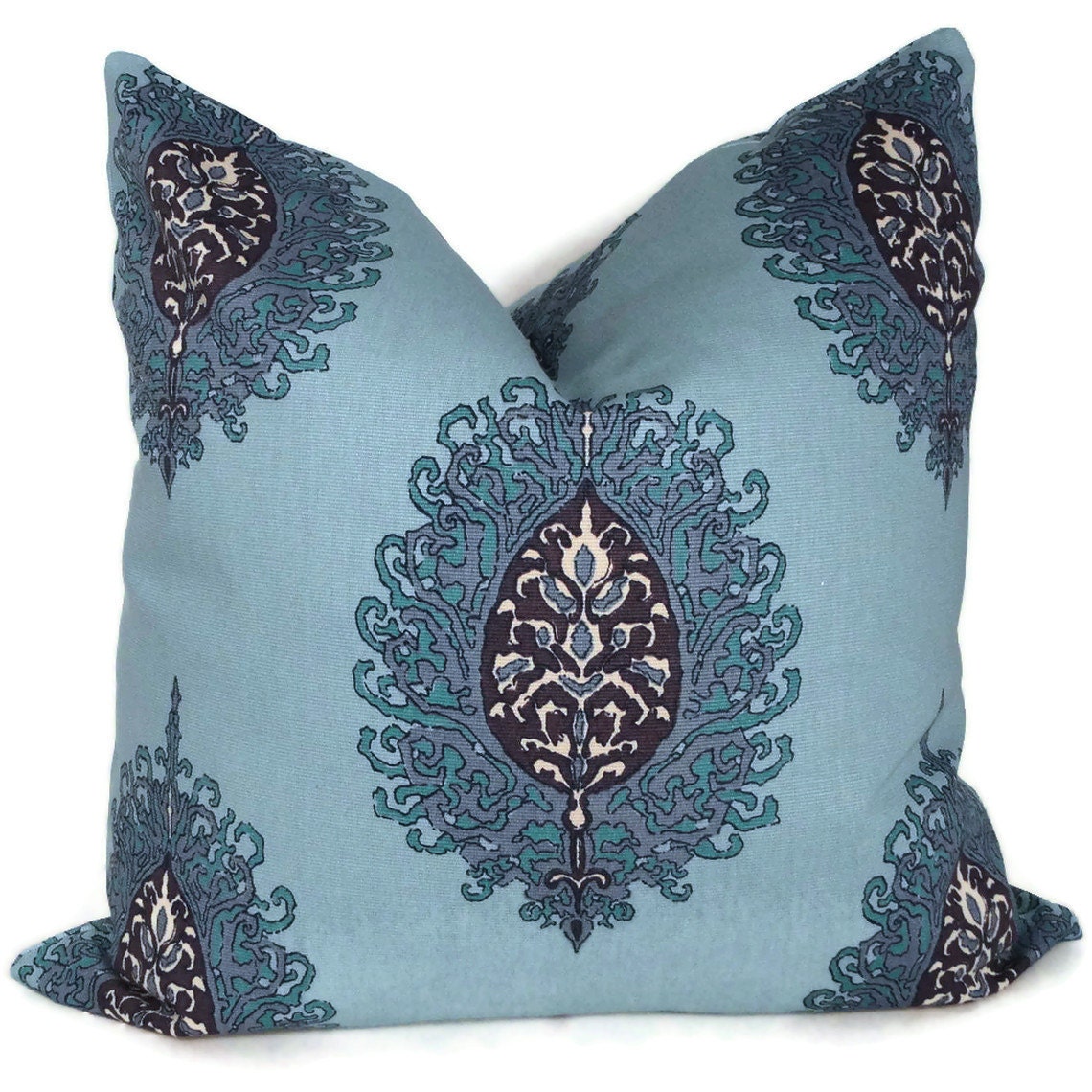 SALE PILLOW Duralee Aqua Medallion Decorative Pillow Cover  20x20 Toss Pillow, Throw Pillow, Accent Pillow