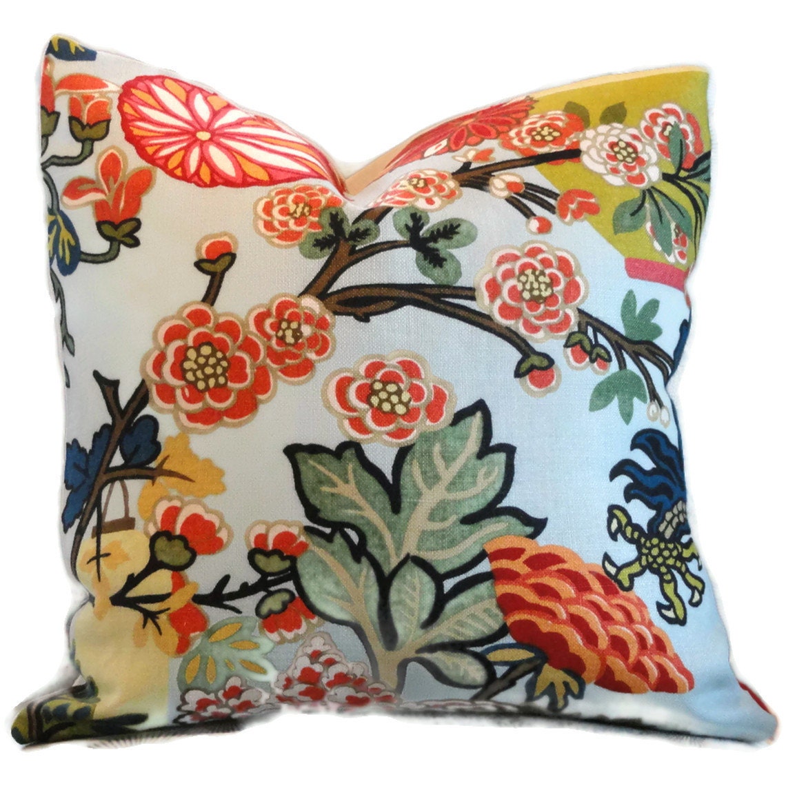 Pair of Aquamarine Schumacher Chiang Mai Dragon Decorative Pillow Covers, Toss Pillows, Accent Pillows, Throw Pillows