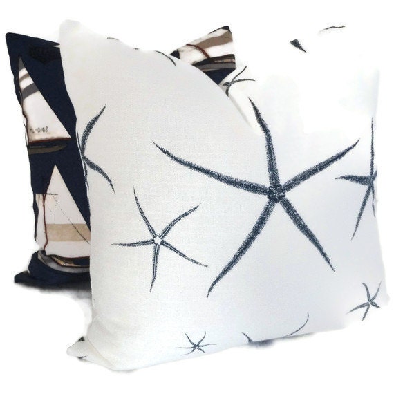 White and Navy Blue Starfish Decorative Pillow Cover  18x18. 20x20, 22x22 or lumbar pillow cover, accent pillow, pillow case