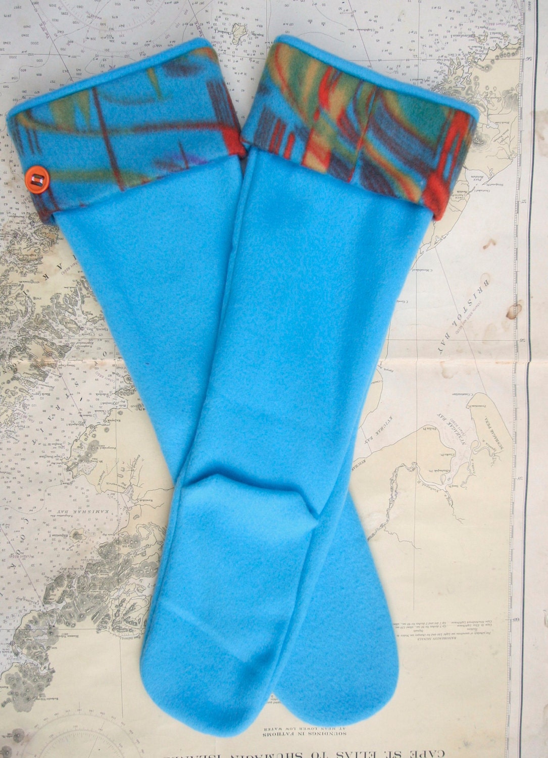 Fleece Rain Boot Wellington Liners SLUGS in Turquoise with a Tie-Dye Cuff, Spring Accessory, Rainy Day Style (Med/Lg 9-11 Boot)