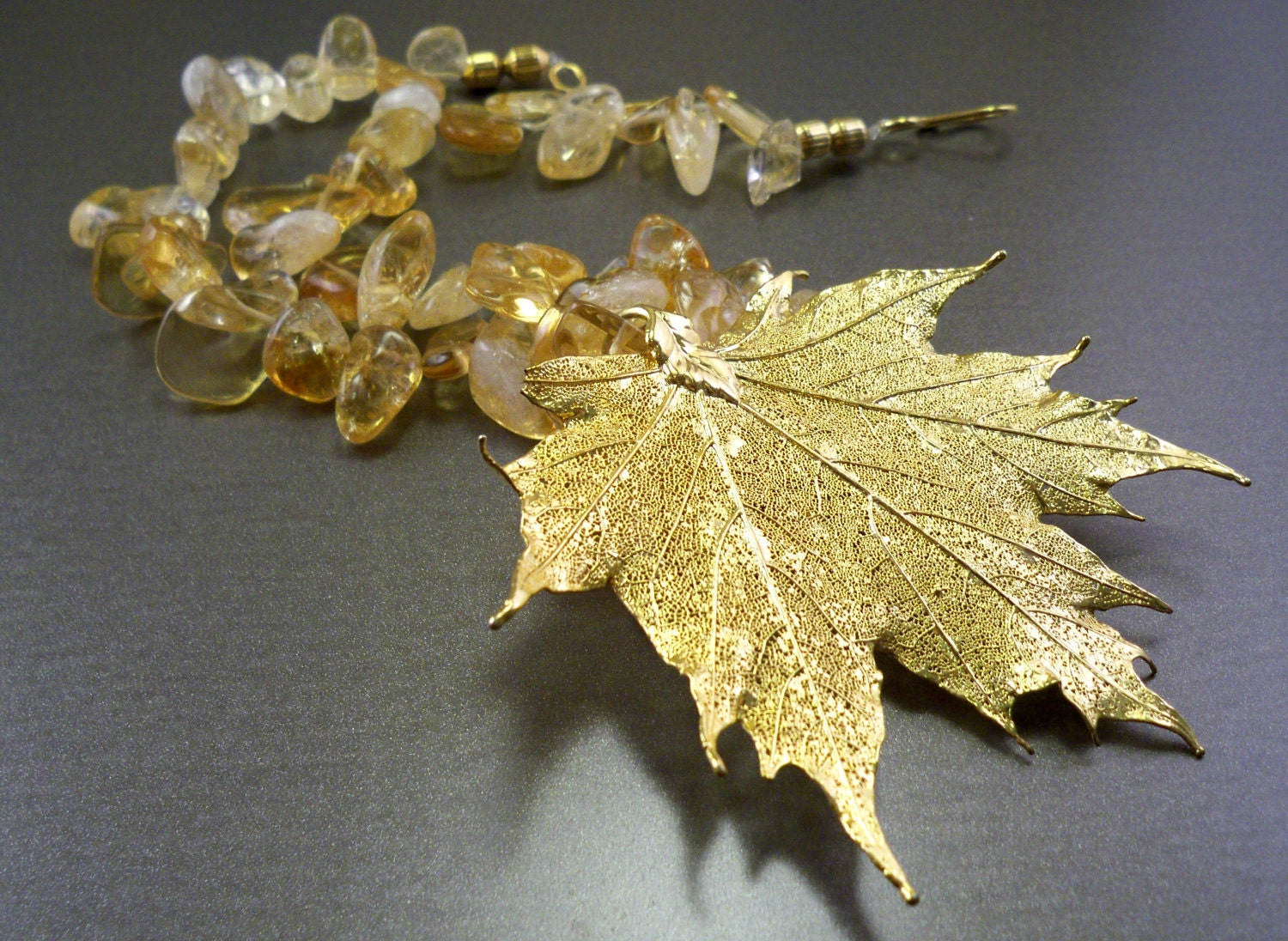 Fall fashion real leaf necklace - yellow crystal gemstones and gold dipped natural leaf pendant, handmade jewelry by NatureLook