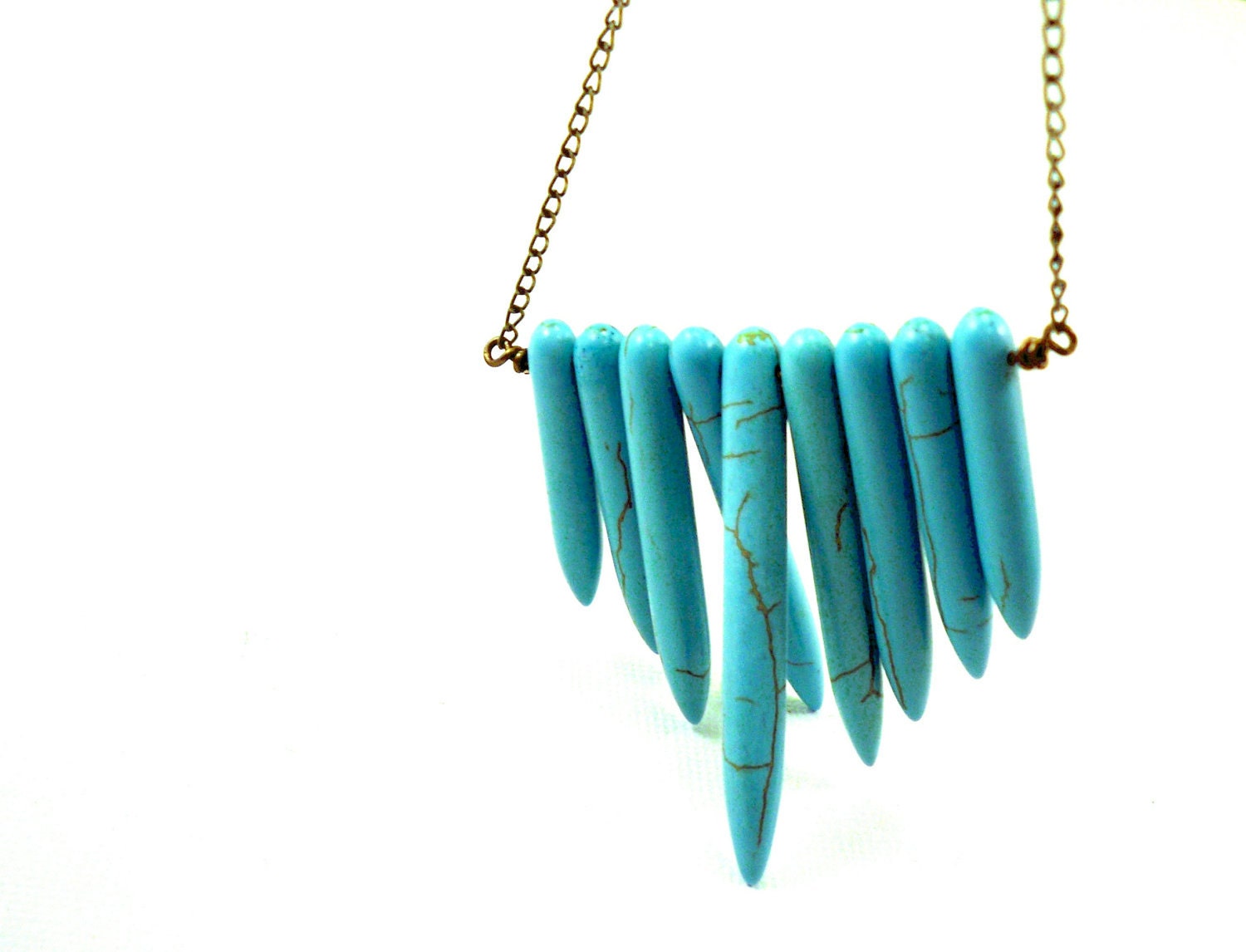 Turquoise necklace: blue howlite turquoise sticks, brass chain, primitive, Native American inspired tribal necklace for women gifts