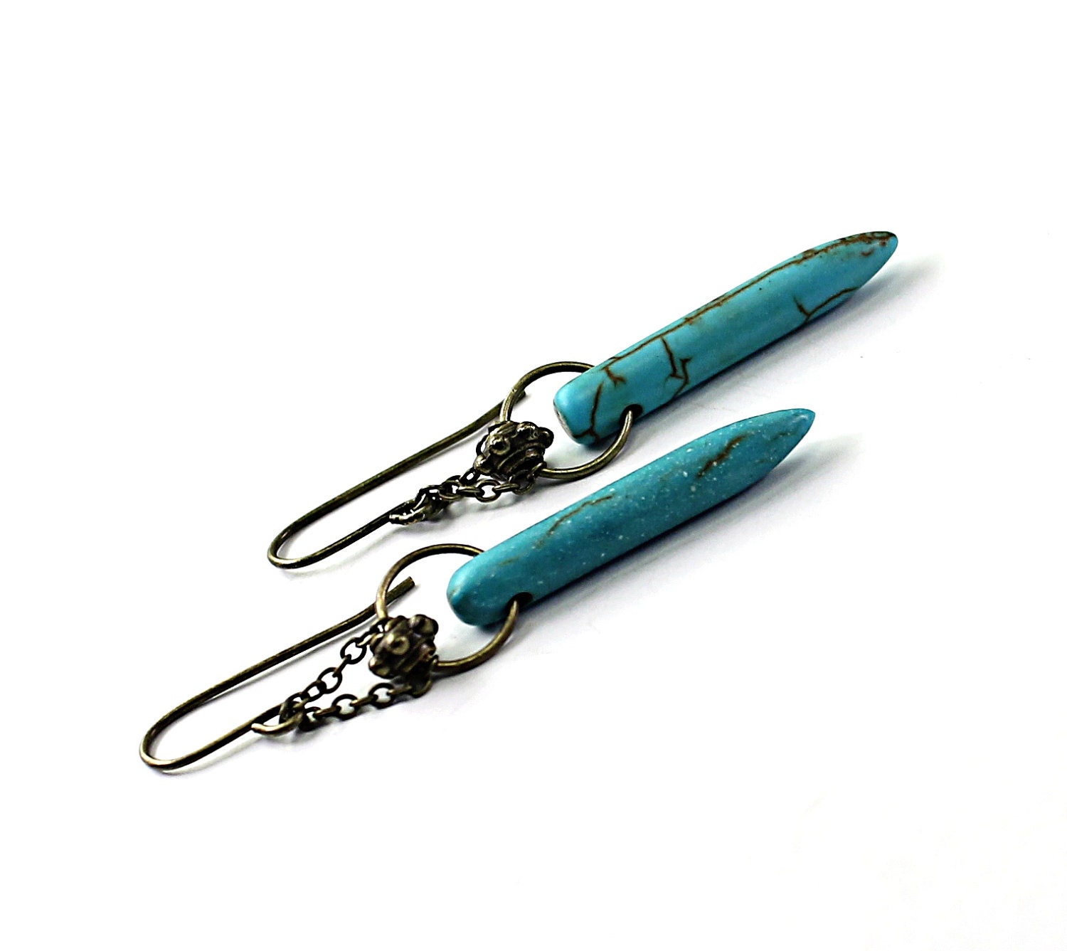 Turquoise earrings: blue earrings primitive tribal ethnic inspired by native american earrings brass chain long earrings modern - NatureLook