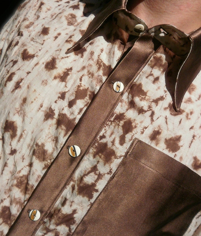 Designer OOAK hand dyed cotton silk men shirt with long sleeves - Light Beige / Cinnamon Brown