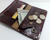 Handcrafted dark burgundy patent leather wallet all iPhone/ iPhone 4S cell phone case with crocodile effect red thread cards cash coin purse