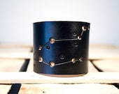 Mens leather cuff Pisces constellation black wristband leather wrist cuff jewelry