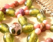 Handmade Hair Comb - Pink - Green - Plum - Lampwork - Floral - Semi-precious - Full of the Joys of Spring