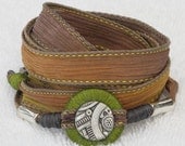Steampunk Silk Ribbon Whirly Wrap Bracelet with antique silver gear button ready to ship