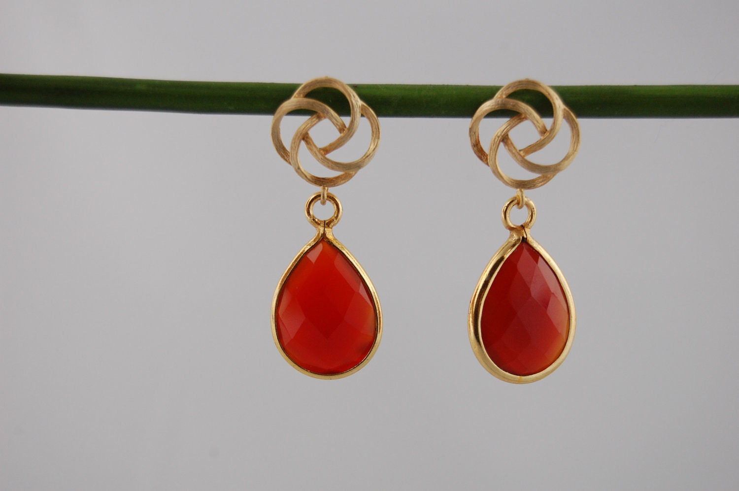 24k Gold vermeil and sterling silver pinwheel filigree post red-orange carnelian teardrop bezel set earrings