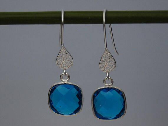 Azure blue quartz square sterling silver bezel set earrings