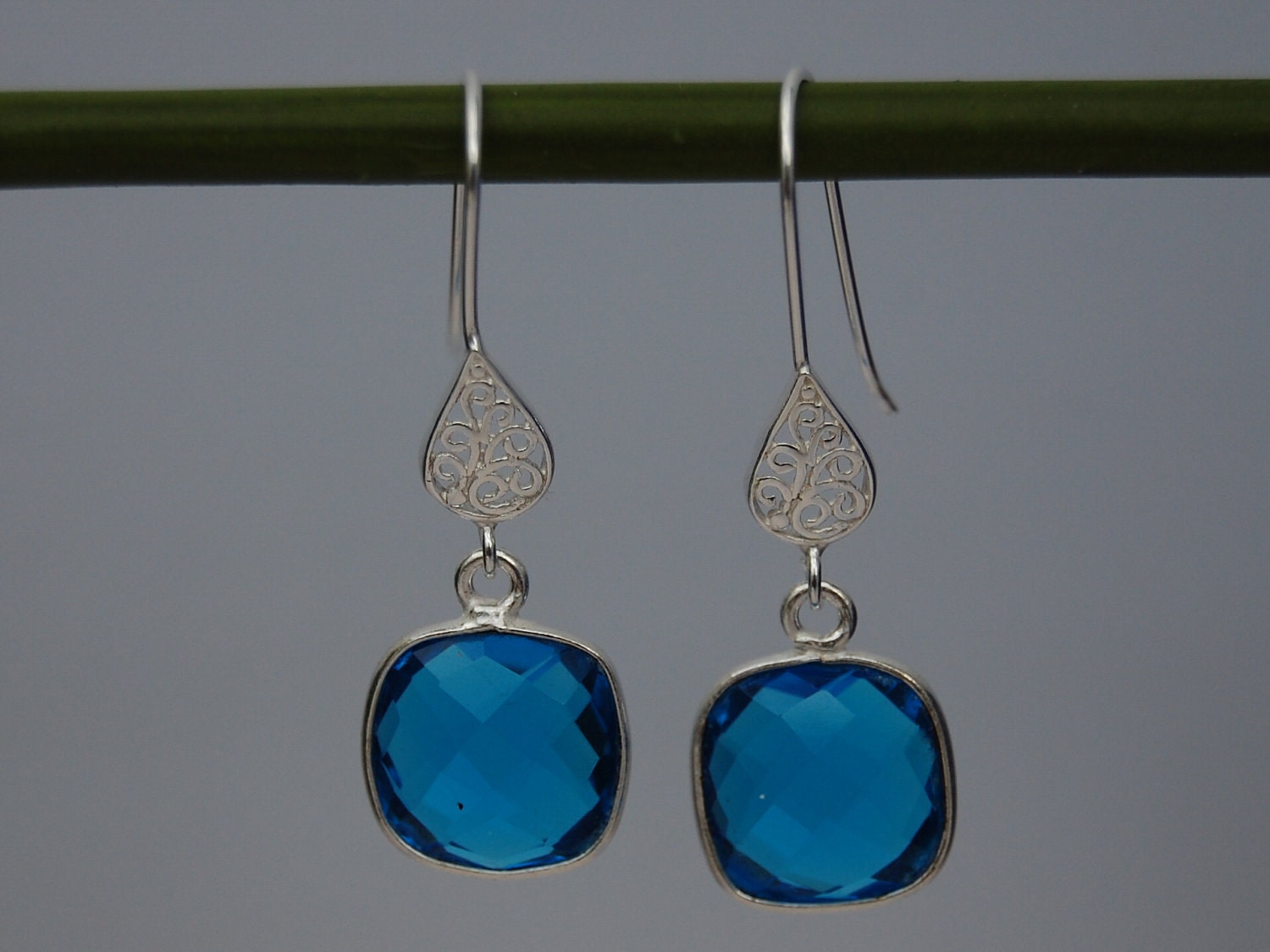 Azure blue quartz square sterling silver bezel set earrings