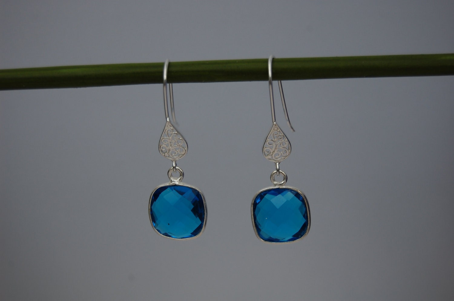 Azure blue quartz square sterling silver bezel set earrings