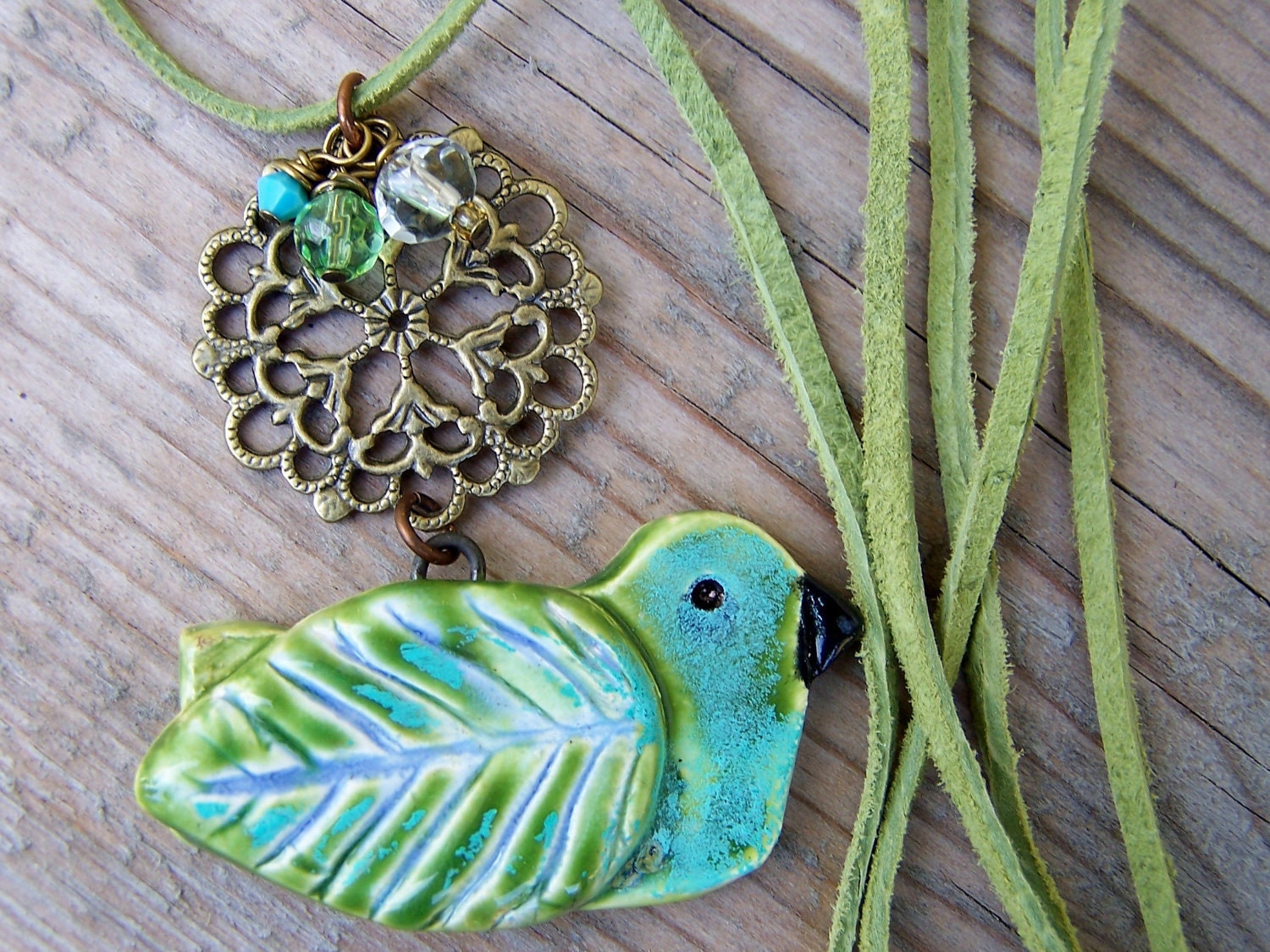 Ceramic Pottery Bird Brass Crystal Blue Green Necklace - gristmilldesigns