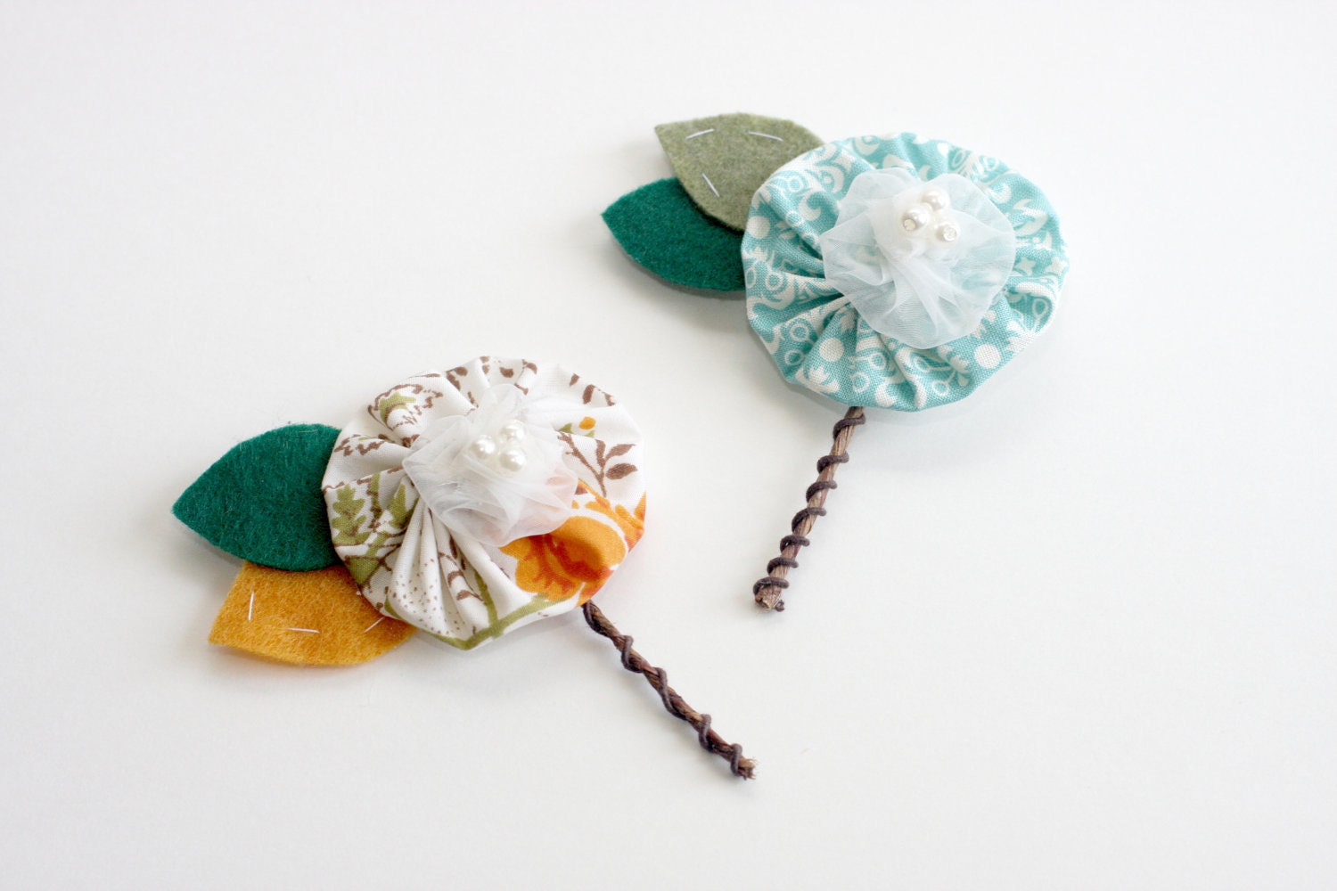 Boutonniere- Color Me Lovely- assorted fabrics flower with organza pearls felt and wire