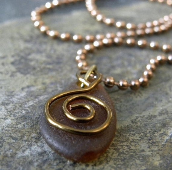 Copper sea glass pendant, amber sea glass, Unisex jewelry, gift