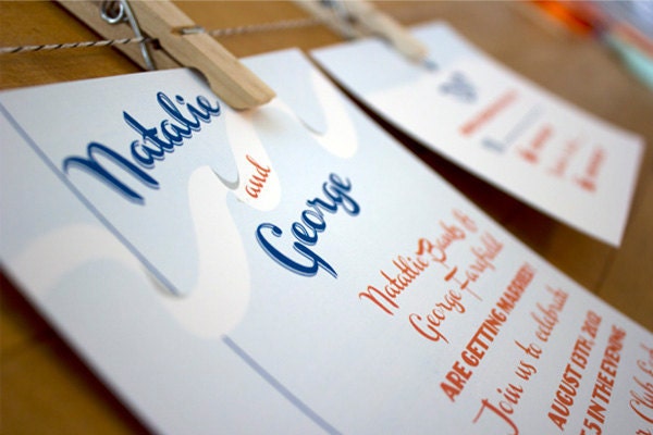 Custom Wedding Invitation - nautical design with anchor, crab, ribbon, and beach scene