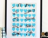 For The Love Of Vinyl - music poster print - Retro record player turntable DJ art - Blue hearts and brown illustration handmade screenprint.