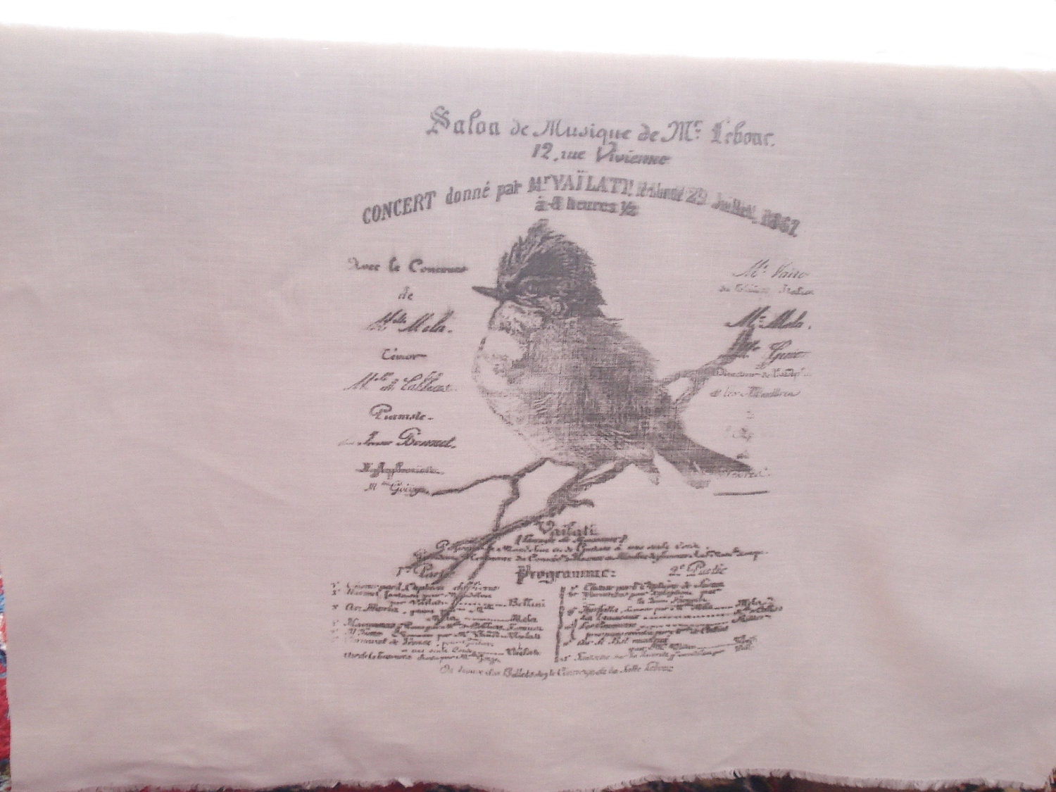 White linen table runner Hand printed French shabby chic