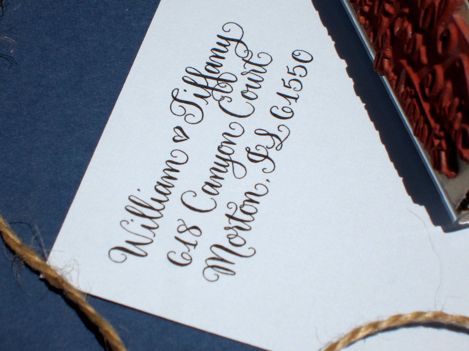Custom Calligraphy Address Stamp -- All handwritten -- Saison Paris Style with Heart