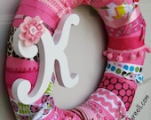 Ribbon Wreath Wrapped Multicolor, Pattern and Size Ribbon Monogram12"
